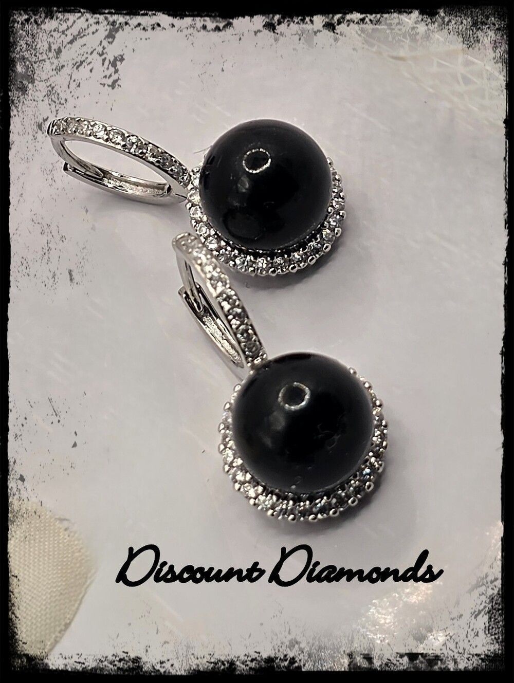 Black Faux Pearl Earrings with  White Baguette Diamonds 925 Silver